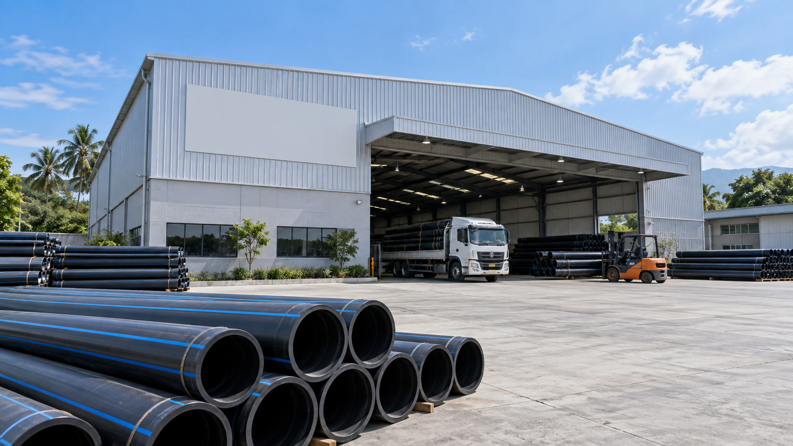 Gudang modern HDPE CENTER dengan persediaan pipa HDPE dan area logistik